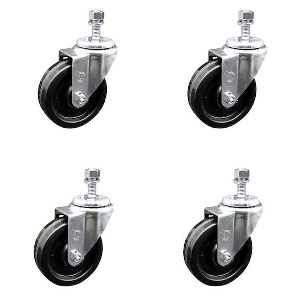 4 Inch SS Phenolic Wheel Swivel 3/8 Inch Threaded Stem Caster Set
